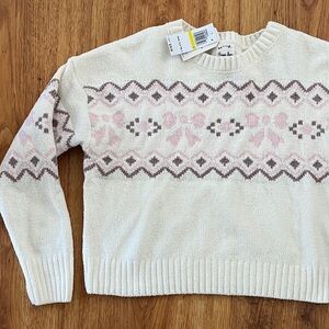Hippie Rose Elegant Cream and Pink Bow Patterned Cozy Sweater 🎀